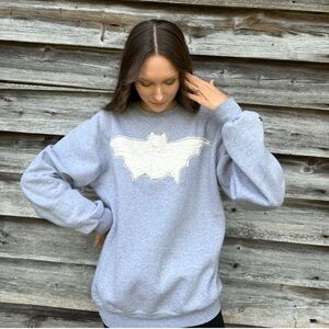 Handmade Quilted Bat Halloween Sweatshirt Art to Wear Fall Champion Upcycle